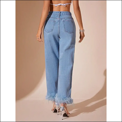 Plush Hem High Rise Straight Jeans: Fabness in Fabric Affection - Jeans on Sale Worldwide Shipping