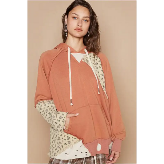Floral Patchwork Distressed Drawstring Hoodie - Bronze / s - Sweatshirts & Hoodies on Sale Worldwide Shipping