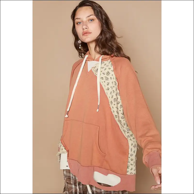 Floral Patchwork Distressed Drawstring Hoodie - Sweatshirts & Hoodies on Sale Worldwide Shipping