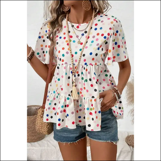 Polka Dot Ruffle Babydoll Blouse Dazzle Diva Top - White / s - Blouses on Sale Worldwide Shipping