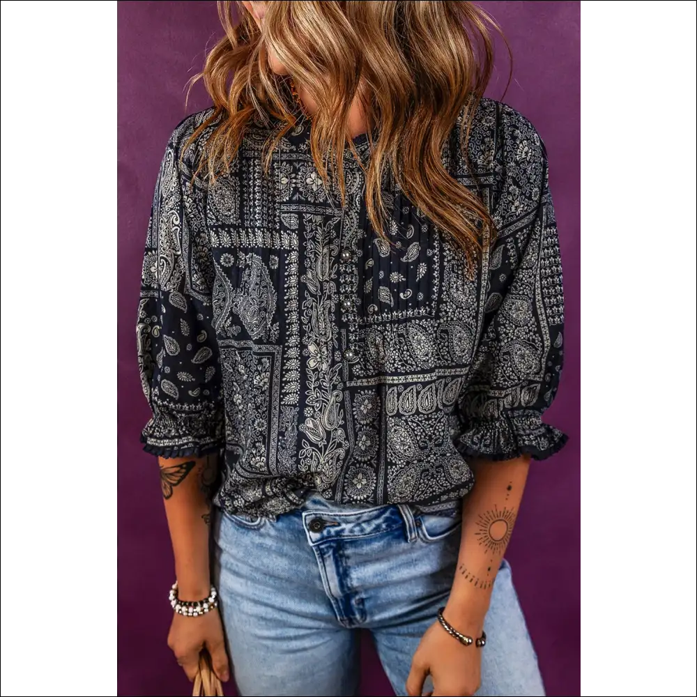 Printed Buttoned Flounce Sleeve Blouse - Dark Navy / s - Blouses on Sale Worldwide Shipping