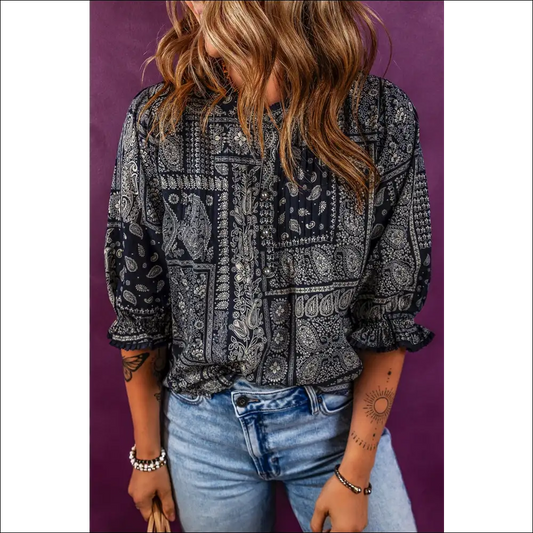 Printed Buttoned Flounce Sleeve Blouse - Dark Navy / s - Blouses on Sale Worldwide Shipping