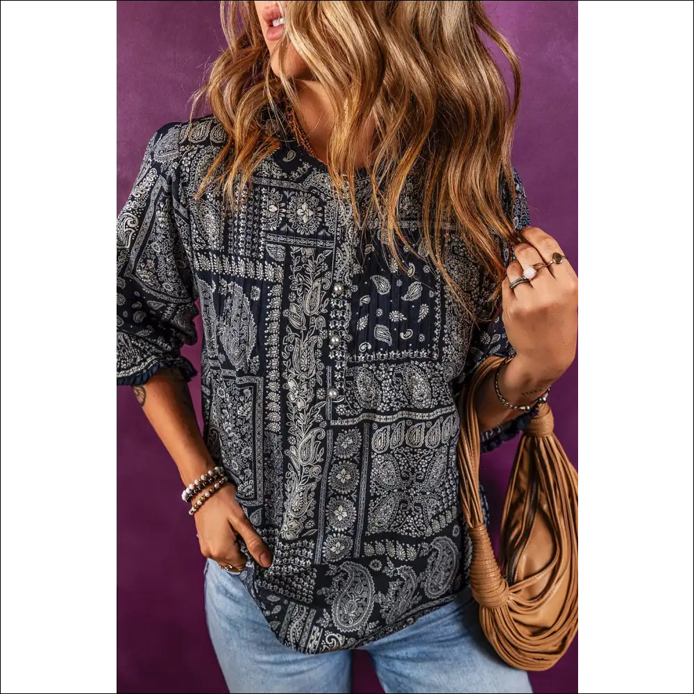 Printed Buttoned Flounce Sleeve Blouse - Blouses on Sale Worldwide Shipping