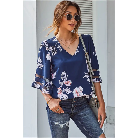Floral & Animal Print Flare Sleeve Top - Navy / 2xl - Blouses on Sale Worldwide Shipping