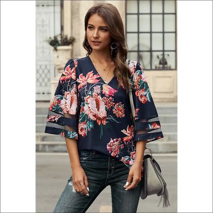 Floral & Animal Print Flare Sleeve Top - Red / 2xl - Blouses on Sale Worldwide Shipping