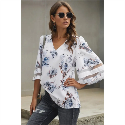 Floral & Animal Print Flare Sleeve Top - White / 2xl - Blouses on Sale Worldwide Shipping