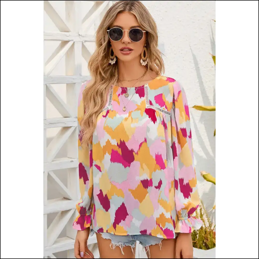 Printed Flounce Sleeve Buttoned Blouse - Multicolor / m - Blouses on Sale Worldwide Shipping