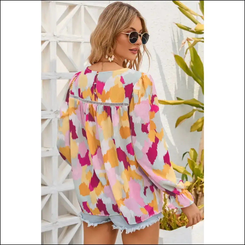 Printed Flounce Sleeve Buttoned Blouse - Blouses on Sale Worldwide Shipping