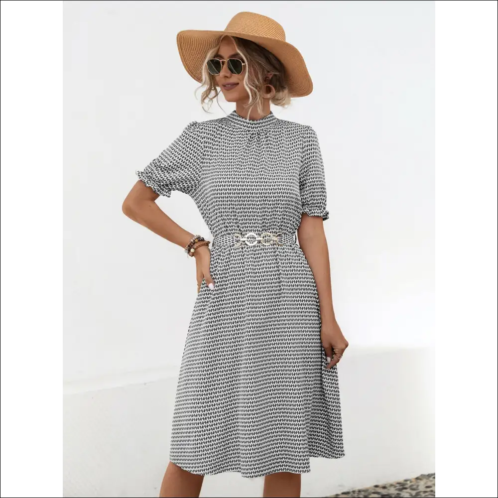 Printed Mock Neck Flounce Sleeve Dress - Black / s - Dresses on Sale Worldwide Shipping