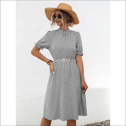 Printed Mock Neck Flounce Sleeve Dress - Black / s - Dresses on Sale Worldwide Shipping