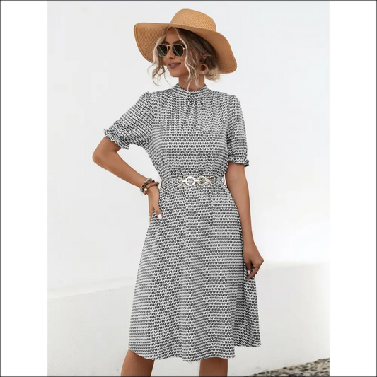 Printed Mock Neck Flounce Sleeve Dress - Black / s - Dresses on Sale Worldwide Shipping