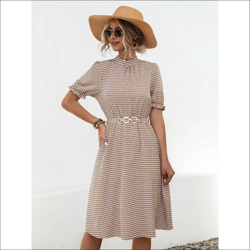 Printed Mock Neck Flounce Sleeve Dress - Camel / s - Dresses on Sale Worldwide Shipping