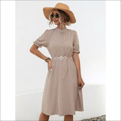 Printed Mock Neck Flounce Sleeve Dress - Camel / s - Dresses on Sale Worldwide Shipping