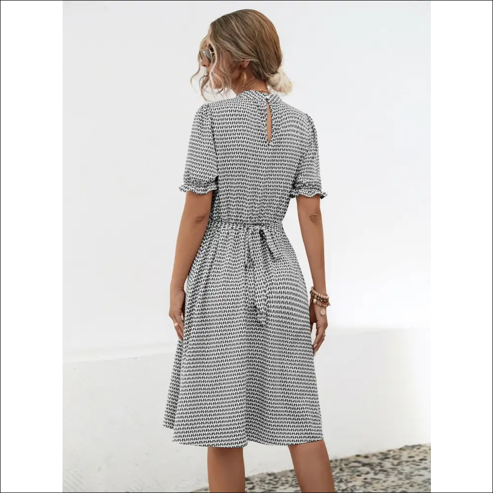 Printed Mock Neck Flounce Sleeve Dress - Dresses on Sale Worldwide Shipping