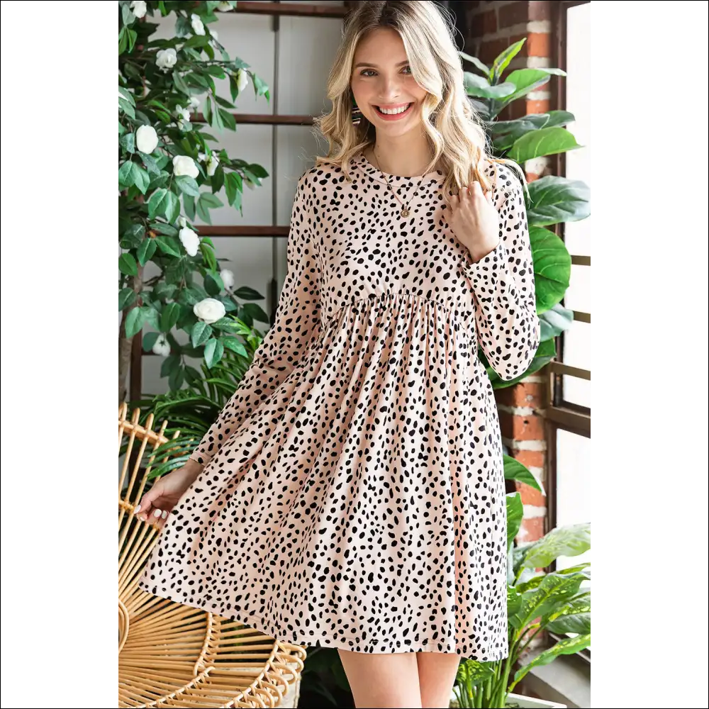 Chic Printed Round Neck Long Sleeve Dress - Tan / l - Dresses on Sale Worldwide Shipping