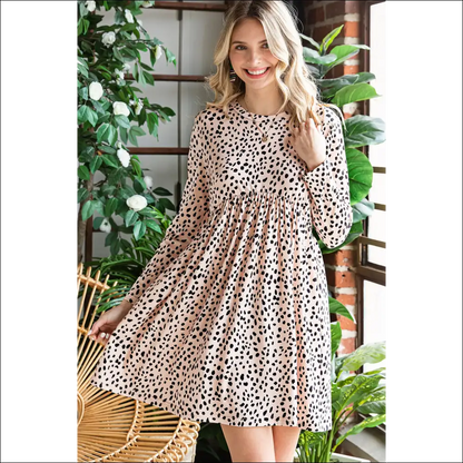 Chic Printed Round Neck Long Sleeve Dress - Tan / l - Dresses on Sale Worldwide Shipping