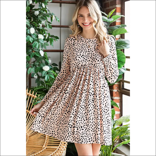 Chic Printed Round Neck Long Sleeve Dress - Tan / l - Dresses on Sale Worldwide Shipping