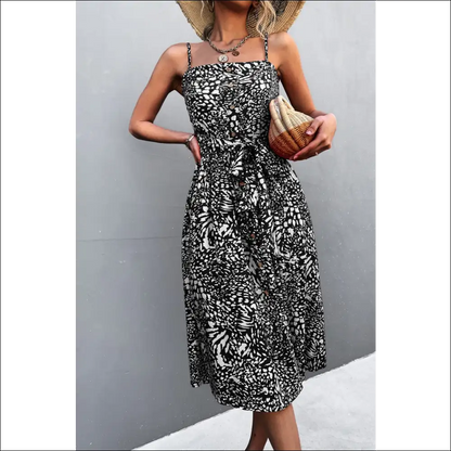 Chic Printed Spaghetti Strap Dress with Decorative Button Belt - Black / Xl - Dresses on Sale Worldwide Shipping