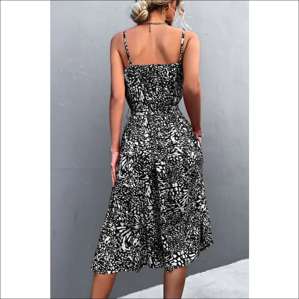 Chic Printed Spaghetti Strap Dress with Decorative Button Belt - Dresses on Sale Worldwide Shipping