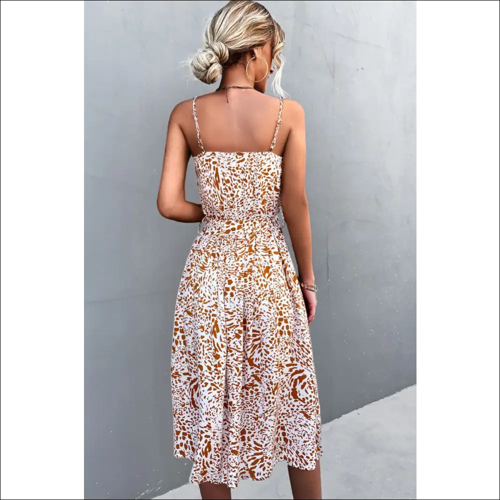 Chic Printed Spaghetti Strap Dress with Decorative Button Belt - Dresses on Sale Worldwide Shipping