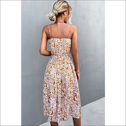 Chic Printed Spaghetti Strap Dress with Decorative Button Belt - Dresses on Sale Worldwide Shipping