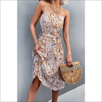 Chic Printed Spaghetti Strap Dress with Decorative Button Belt - White / Xl - Dresses on Sale Worldwide Shipping