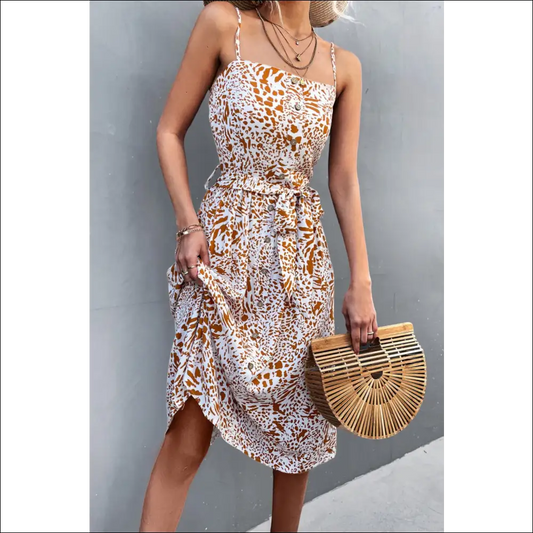 Chic Printed Spaghetti Strap Dress with Decorative Button Belt - White / Xl - Dresses on Sale Worldwide Shipping