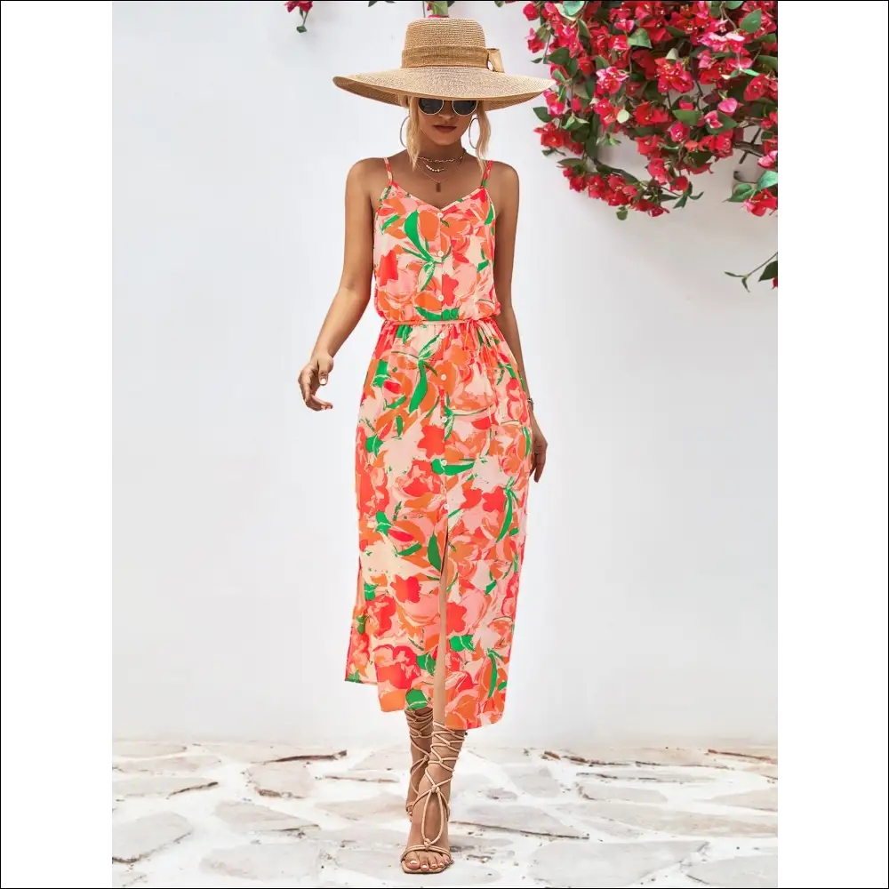Chic Printed Spaghetti Strap Front Slit Dress - Orange / m - Dresses on Sale Worldwide Shipping