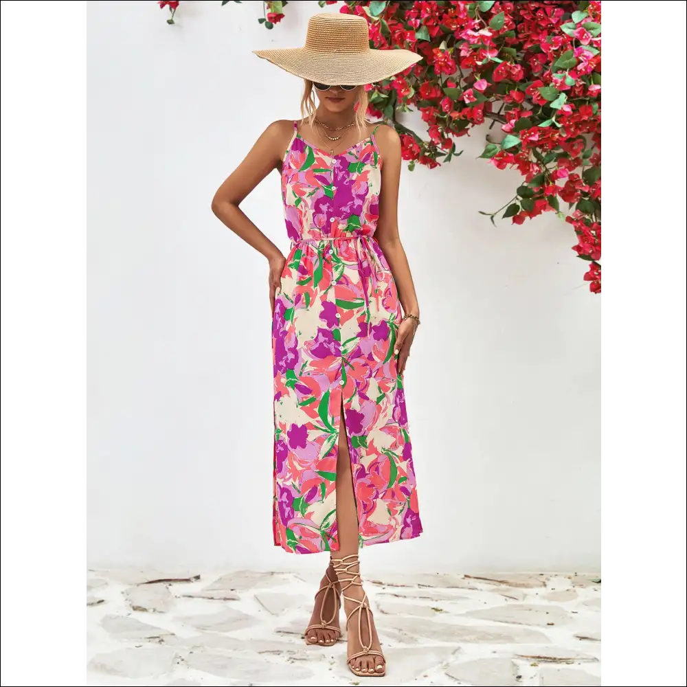 Chic Printed Spaghetti Strap Front Slit Dress - Red / m - Dresses on Sale Worldwide Shipping