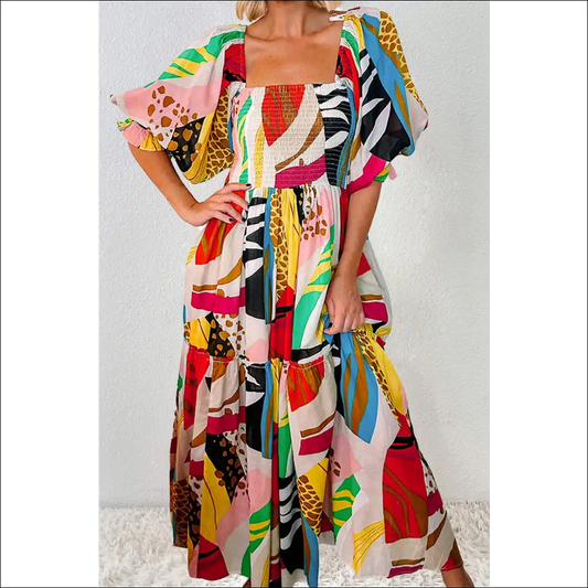 Chic Printed Square Neck Midi Dress - Dresses on Sale Worldwide Shipping