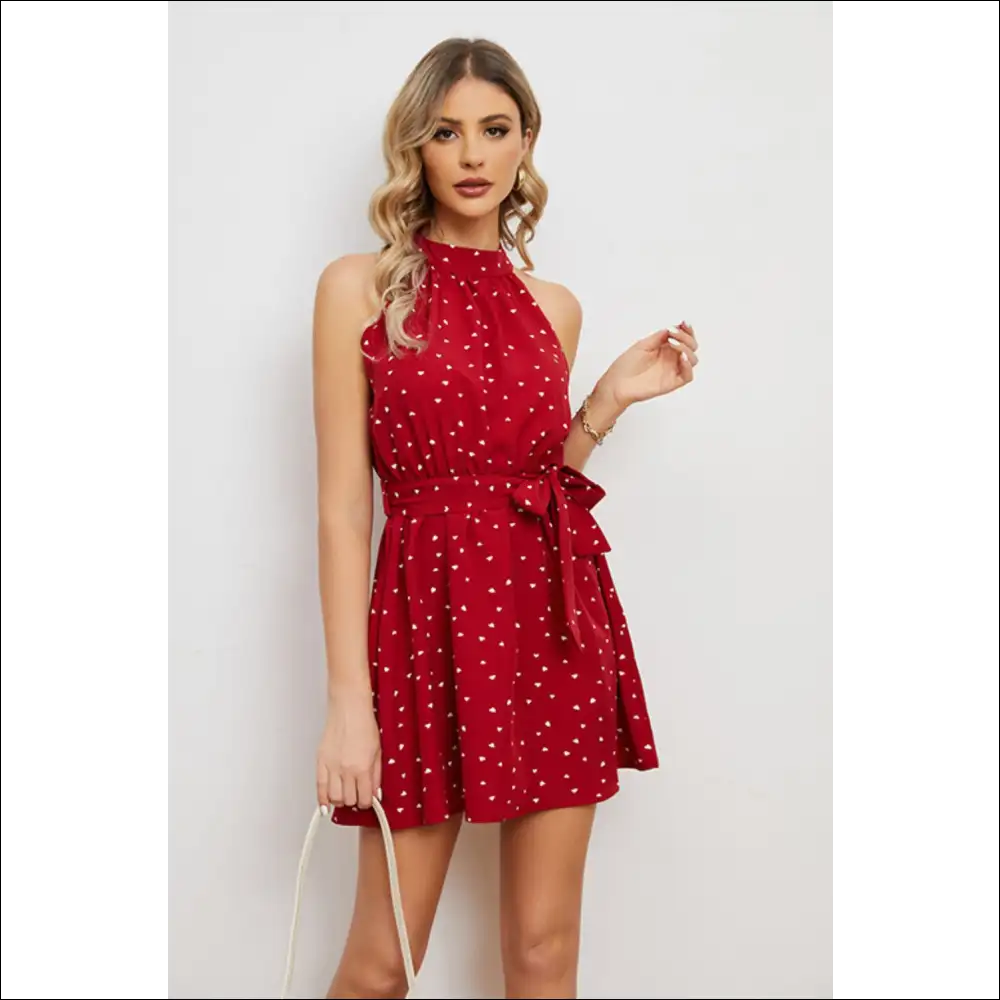 Chic Printed Tie Waist Mini Dress - Red / m - Dresses on Sale Worldwide Shipping