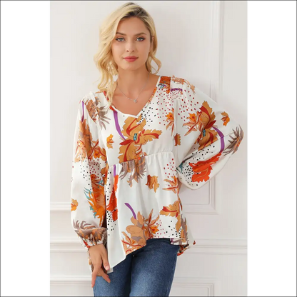 Chic Printed V-neck Smocked Balloon Sleeve Blouse - Blouses on Sale Worldwide Shipping
