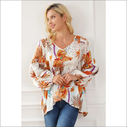 Chic Printed V-neck Smocked Balloon Sleeve Blouse - Blouses on Sale Worldwide Shipping