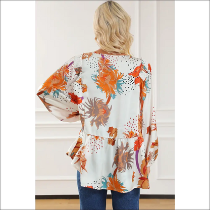Chic Printed V-neck Smocked Balloon Sleeve Blouse - Blouses on Sale Worldwide Shipping