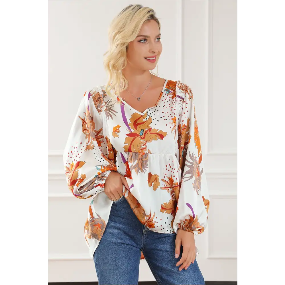 Chic Printed V-neck Smocked Balloon Sleeve Blouse - Blouses on Sale Worldwide Shipping