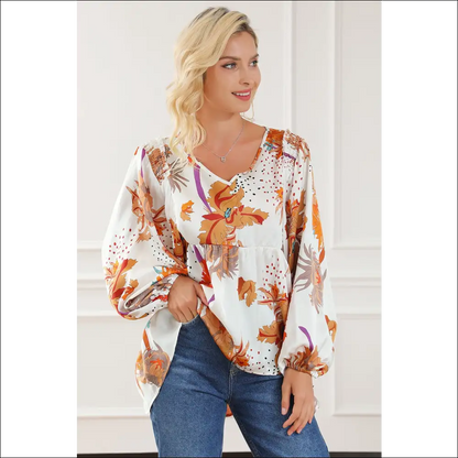 Chic Printed V-neck Smocked Balloon Sleeve Blouse - Blouses on Sale Worldwide Shipping