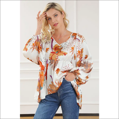 Chic Printed V-neck Smocked Balloon Sleeve Blouse - White / l - Blouses on Sale Worldwide Shipping