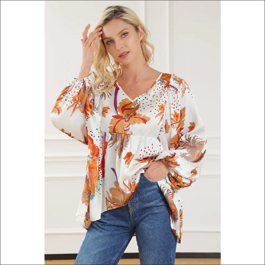 Chic Printed V-neck Smocked Balloon Sleeve Blouse - White / l - Blouses on Sale Worldwide Shipping