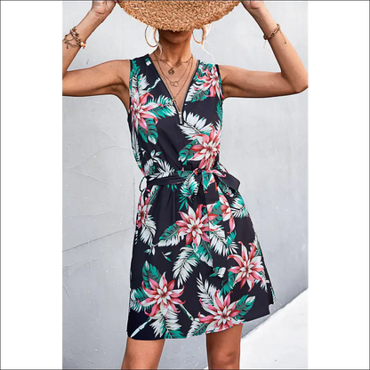 Chic Printed Zip Detail Belted Sleeveless Dress - Red / Xl - Dresses on Sale Worldwide Shipping