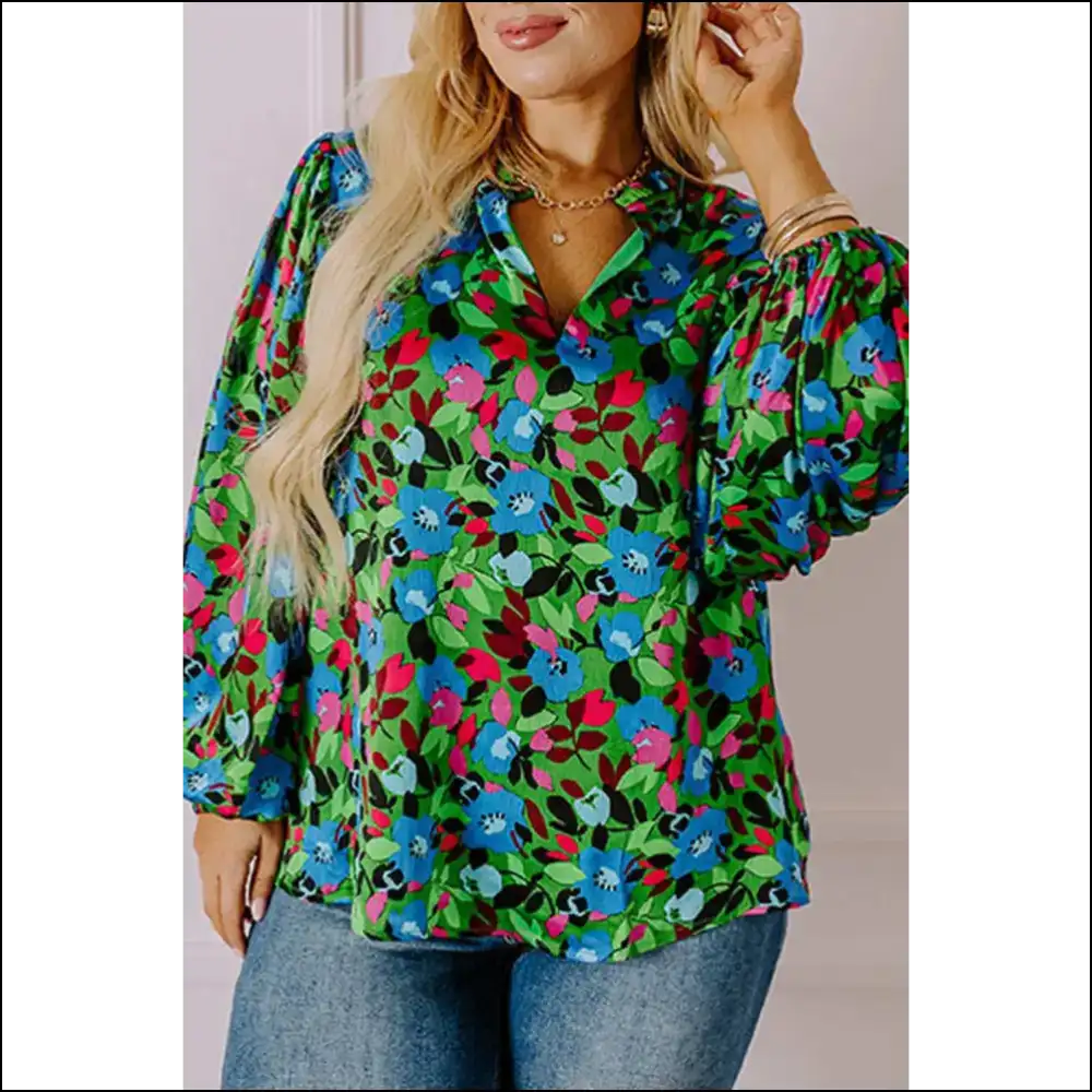 Puff Sleeve Floral: Curves Cuter than your Ex 🌼 (needful Things) - Green / 1x - Plus Size Tops on Sale Worldwide Shipping
