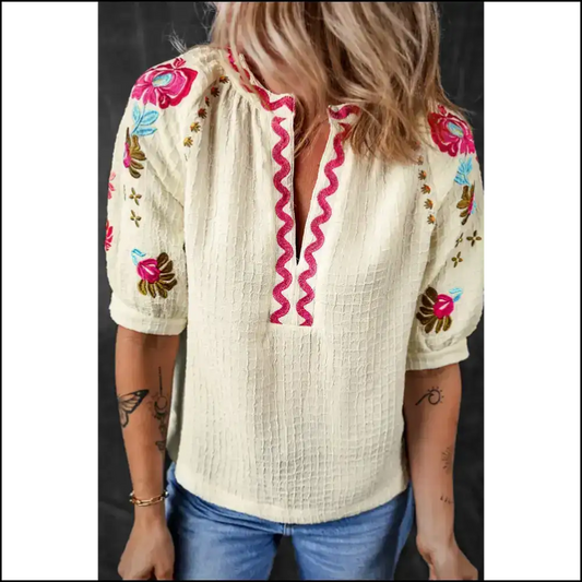 Puff there it Is! White Floral Embroidered Blouse 🌼 Needful Things - Beige / s - Blouses on Sale Worldwide Shipping
