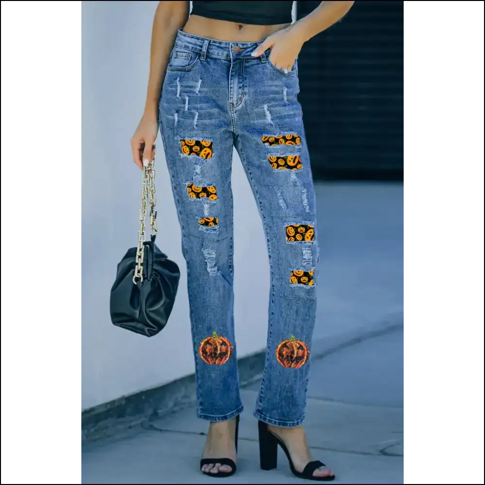 Pumpkin Distressed Straight Jeans: Strut Like Nobody’s Watching! 🍂👖 - Medium / 4 - Jeans on Sale Worldwide Shipping