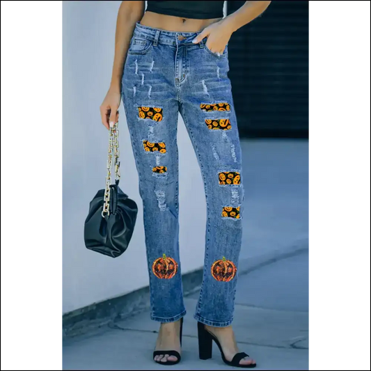 Pumpkin Distressed Straight Jeans: Strut Like Nobody’s Watching! 🍂👖 - Medium / 4 - Jeans on Sale Worldwide Shipping