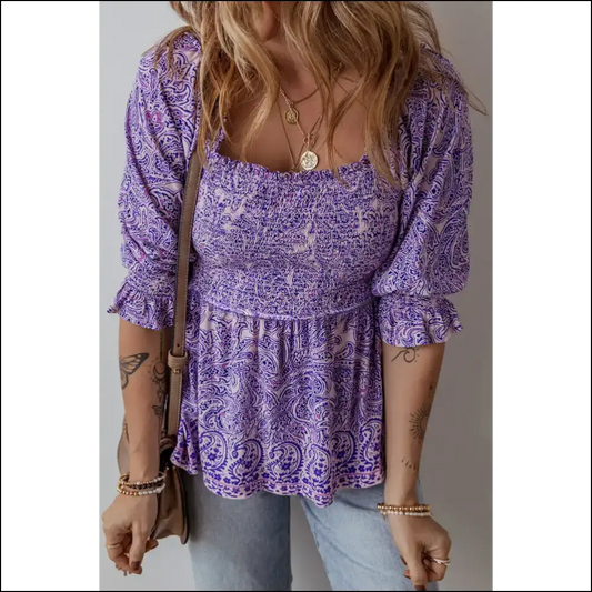Purple Boho Paisley Blouse Instant Outfit Upgrade - s - Blouses on Sale Worldwide Shipping
