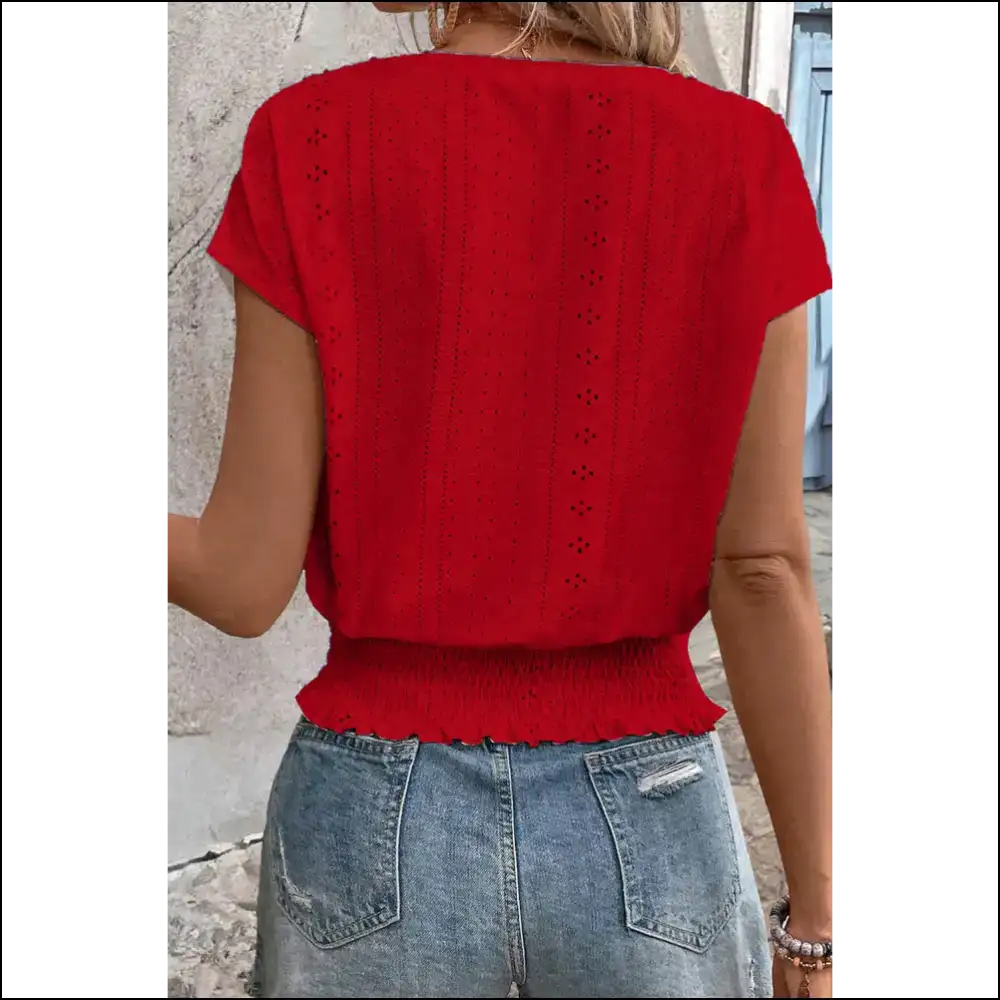 Racing Red Eyelet Blouse: Smocked Hem Hotness 🔥 Needful Things - Blouses on Sale Worldwide Shipping