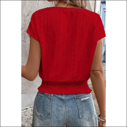 Racing Red Eyelet Blouse: Smocked Hem Hotness 🔥 Needful Things - Blouses on Sale Worldwide Shipping