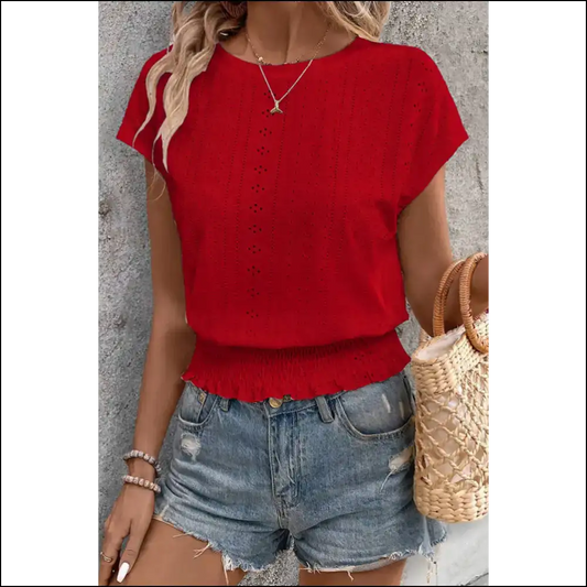 Racing Red Eyelet Blouse: Smocked Hem Hotness 🔥 Needful Things - s - Blouses on Sale Worldwide Shipping