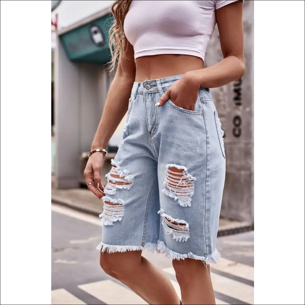 Raw Hem Distressed Denim Shorts with Pockets - on Sale Worldwide Shipping