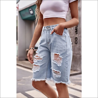 Raw Hem Distressed Denim Shorts with Pockets - on Sale Worldwide Shipping