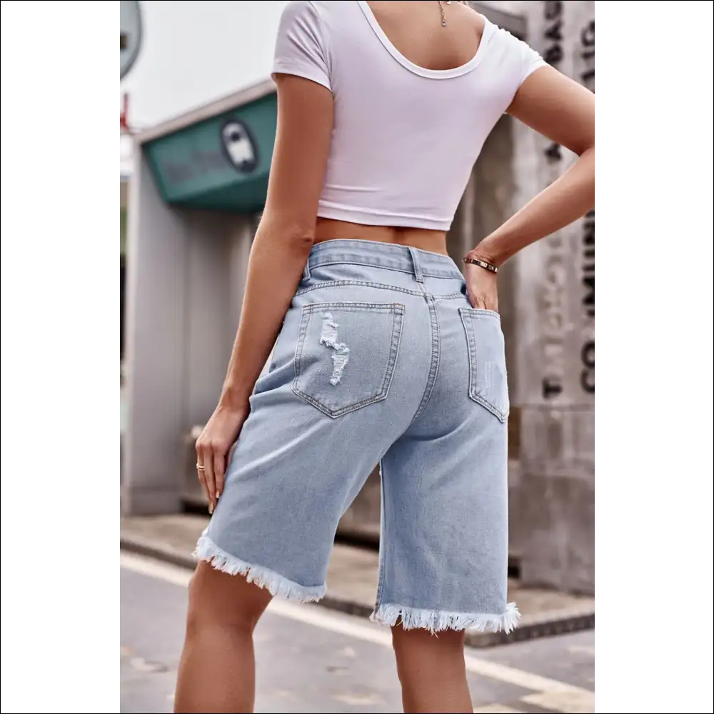 Raw Hem Distressed Denim Shorts with Pockets - on Sale Worldwide Shipping